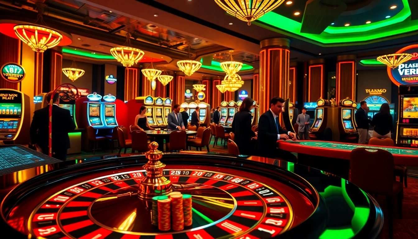 Exciting scene of gamblers enjoying NEW88 at a luxurious casino table with poker chips and roulette.