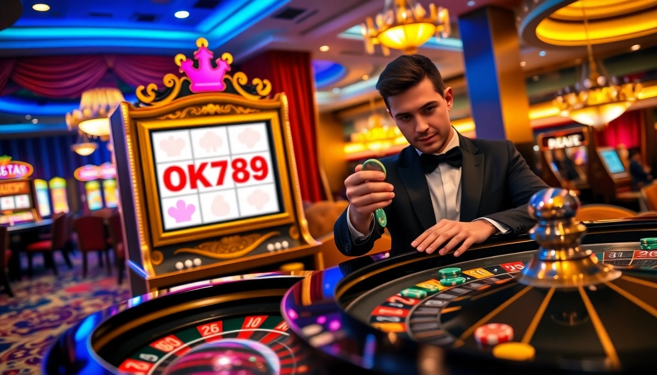Gambler interacting with luxurious OK789 slot machine in vibrant casino setting.