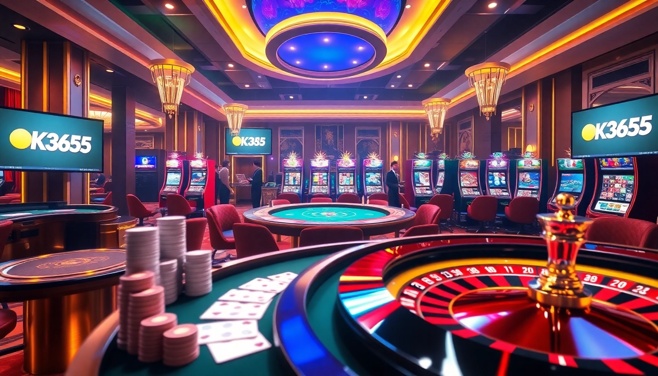 Engaged players at OK365 Casino enjoying vibrant gaming atmosphere with tables and slot machines.