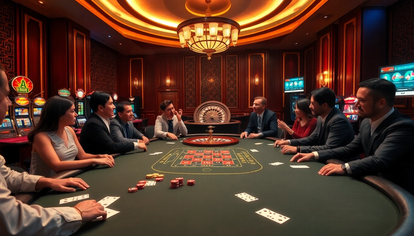 Engaged players enjoying the thrill of Nhà cái Bj66 poker in a luxurious casino setting.