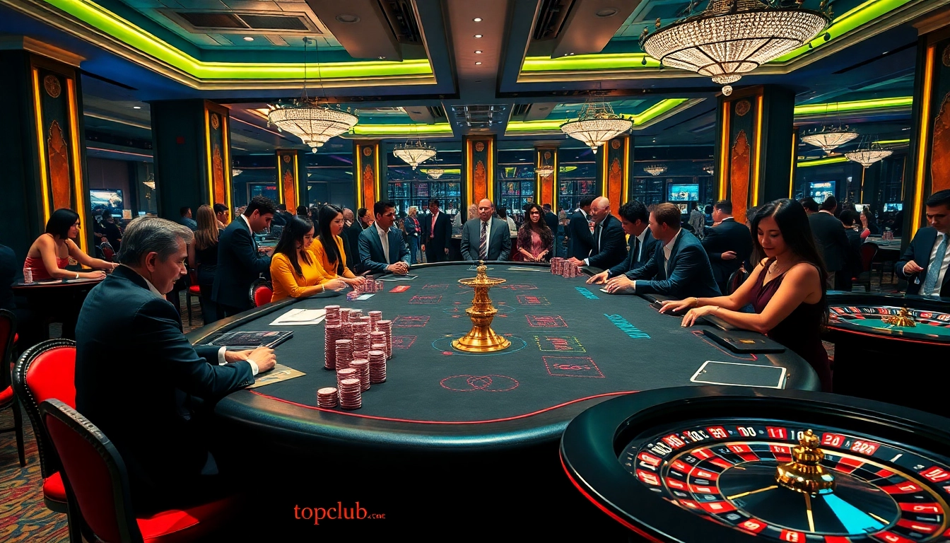 Experience thrilling gambling at its peak with a vibrant scene from https://topclub.space/ featuring poker tables and roulette wheels.