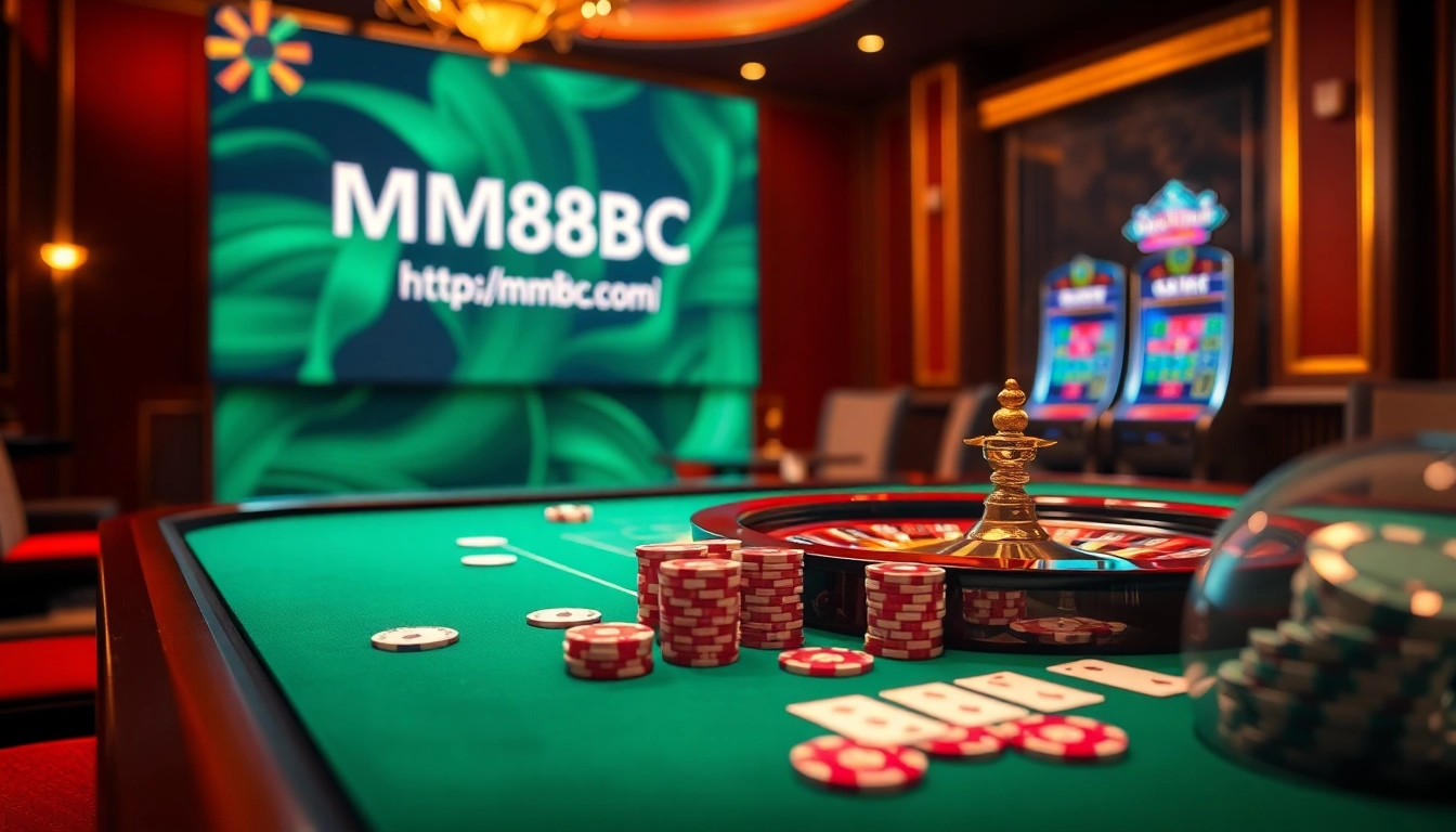 Players engaging in a thrilling gambling experience at https://mm88bc.com/, featuring a luxurious casino table and digital betting options.