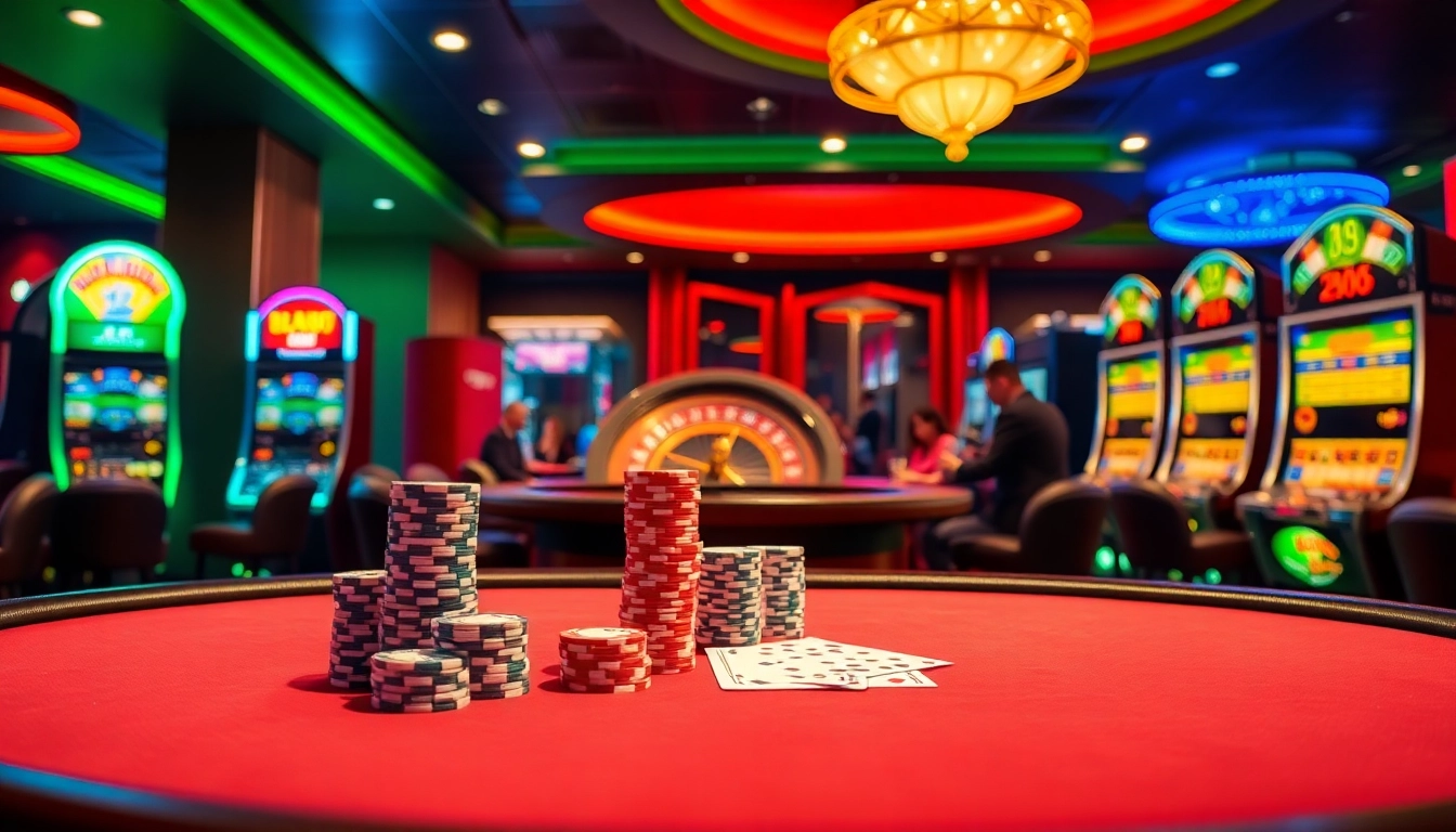 Action-packed gaming scene at trang chủ 88aa with poker, roulette, and vibrant slot machines.