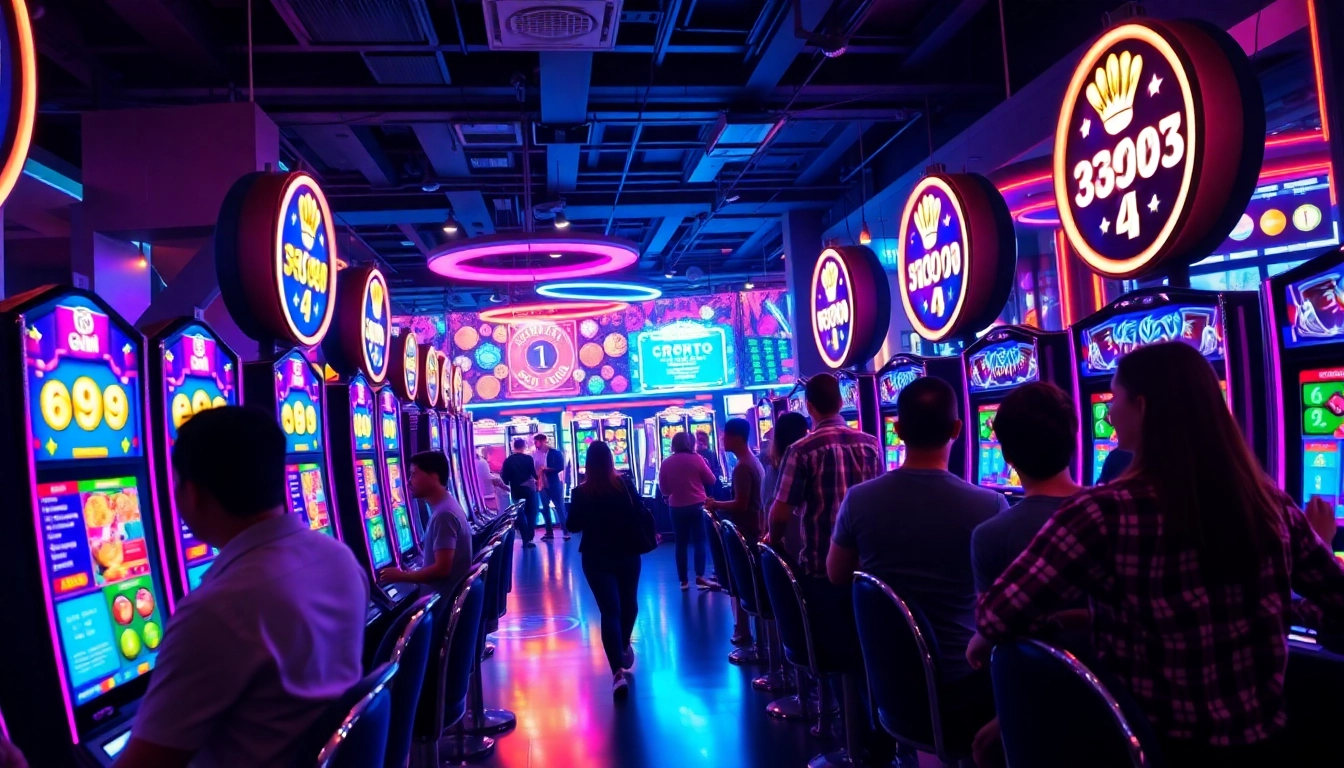 Ambiance d'un crypto casino moderne avec des lumières vives et des joueurs engagés.