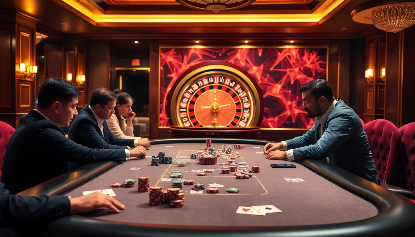 Players strategizing at a vibrant poker table in a luxurious casino with elements from https://123b.forex/.