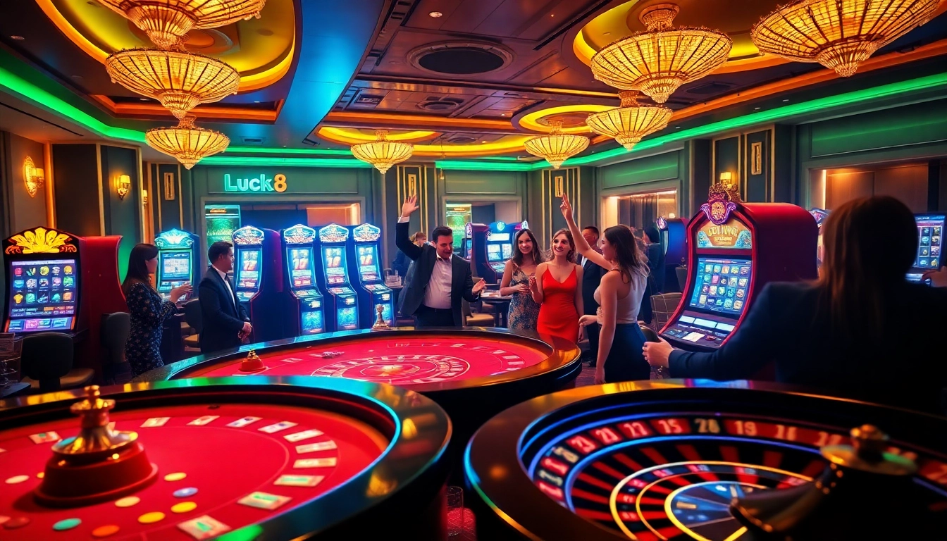 Players enjoying online gambling on the Luck8 platform with a vibrant casino setting.