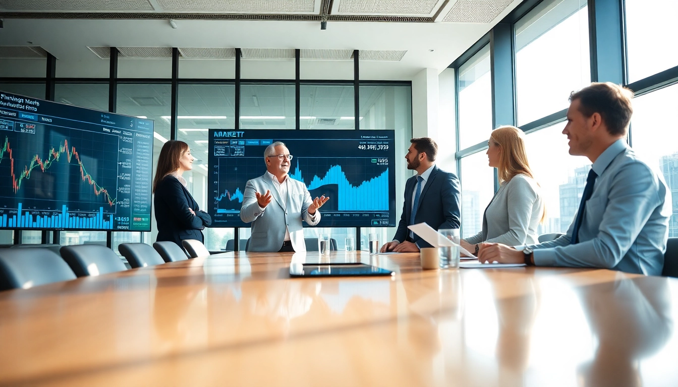 Analyse des marchés financiers avec des professionnels dans un cadre moderne, partageant des idées.