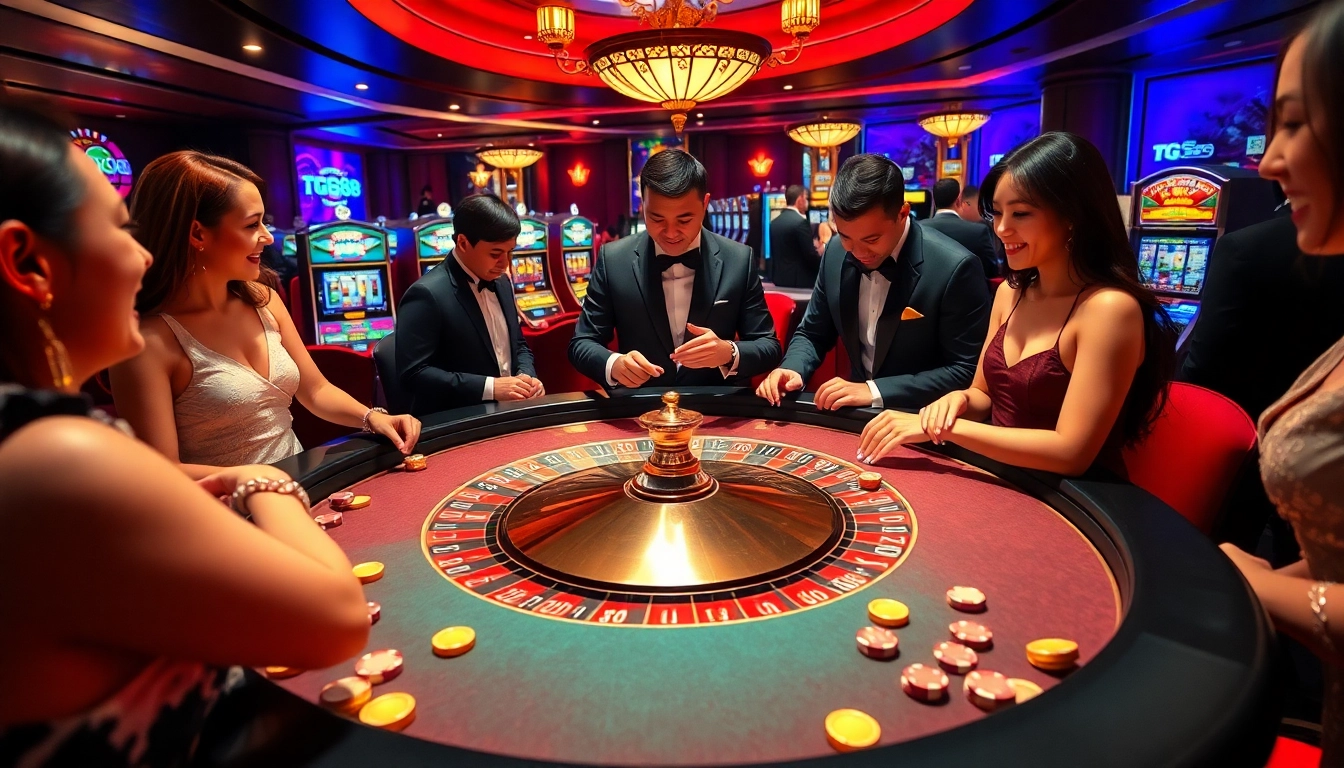 Experience the excitement of tg88 at a luxurious roulette table with players engaged in thrilling bets.