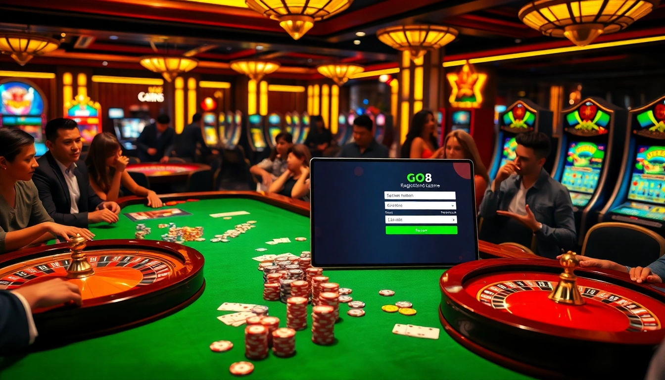 Registering for Đăng Ký GO8 with players enjoying exciting casino games and vibrant tables.