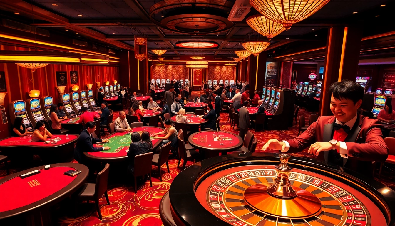 Gamble responsibly at https://mb668.co/ with an exciting casino scene showcasing poker, roulette, and vibrant players.
