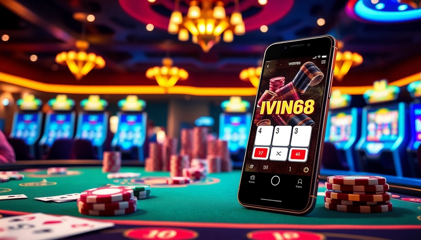 IWIN68 app showcased on a smartphone amidst colorful casino chips and cards.