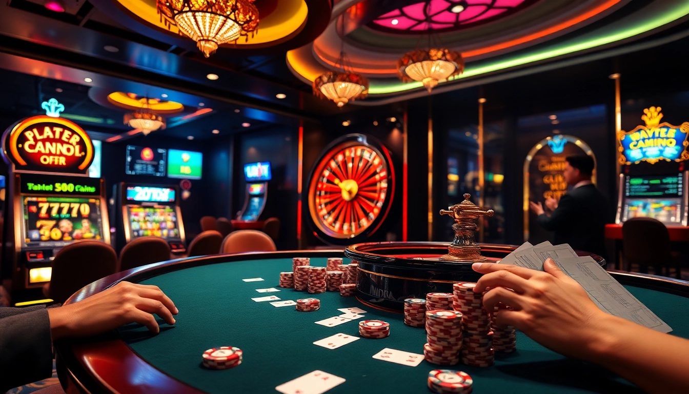 Scène captivante mettant en scène les sites de paris sportifs avec une table de poker luxueuse, une roulette et des tickets de pari.