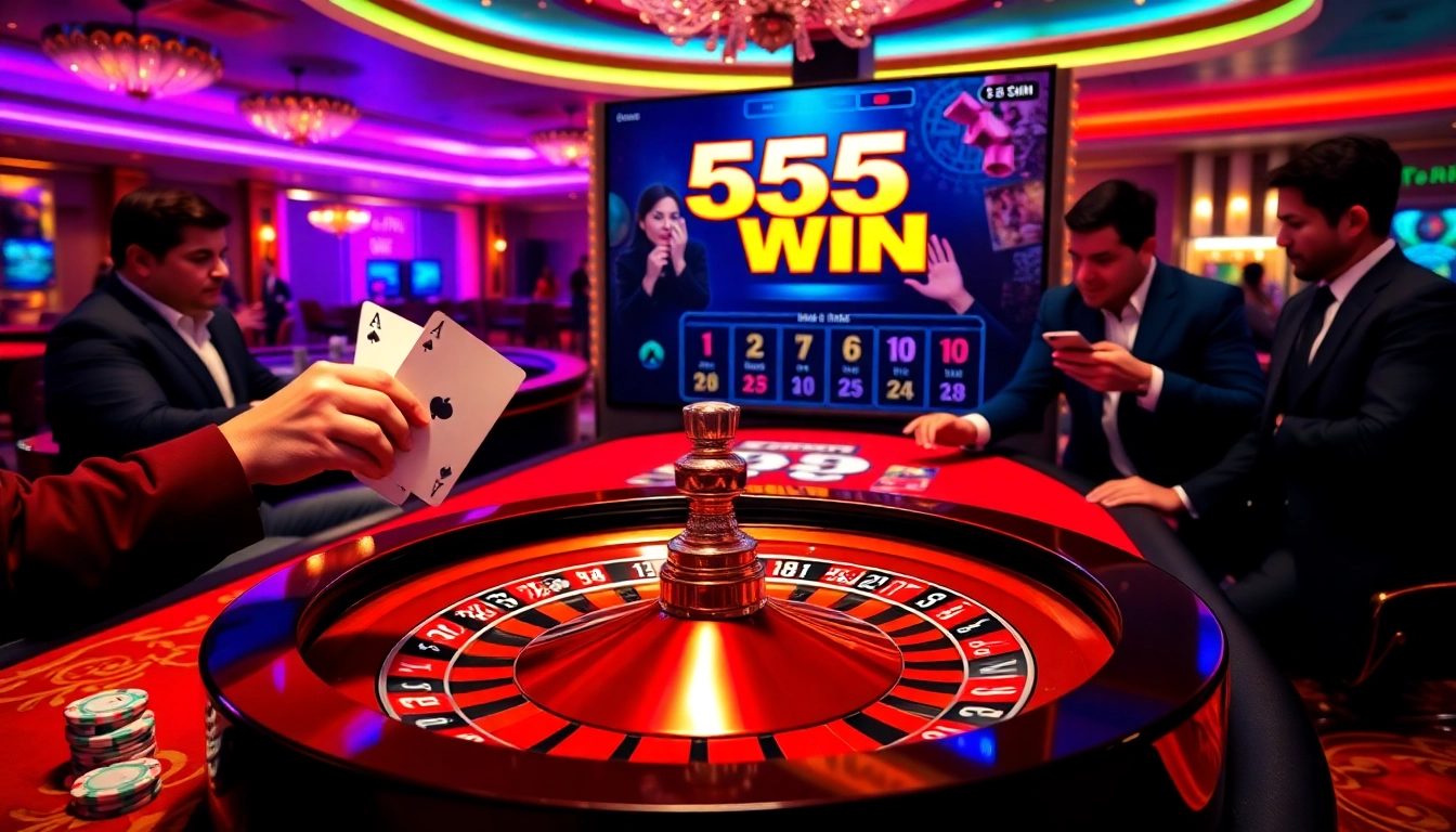 Experience the thrill of 555 win at a lively casino table, surrounded by excited gamblers.