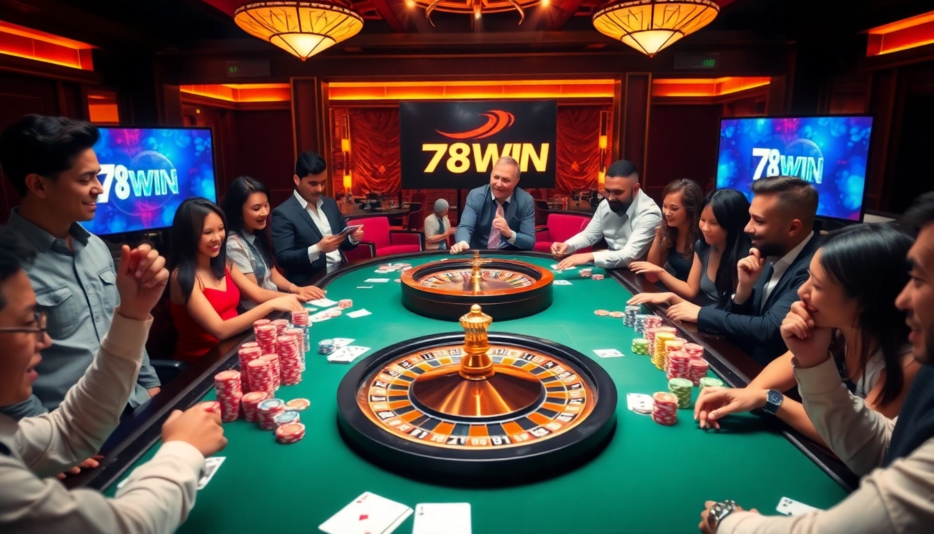 Experience the thrill at 78WIN with players enjoying a vibrant casino atmosphere and a roulette wheel in play.