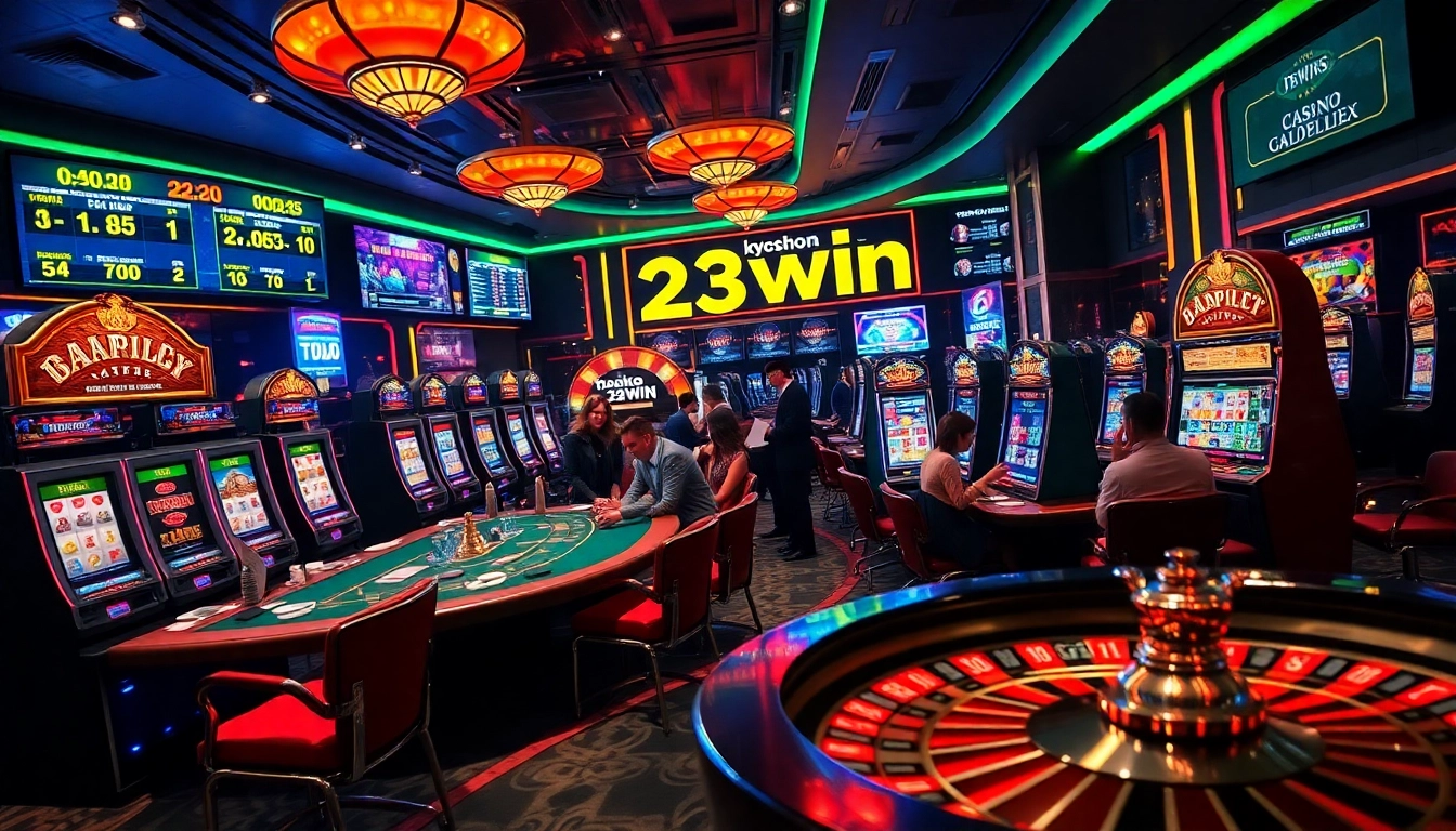 Players enjoying a vibrant game night at 23win casino, featuring tables, slots, and roulette.