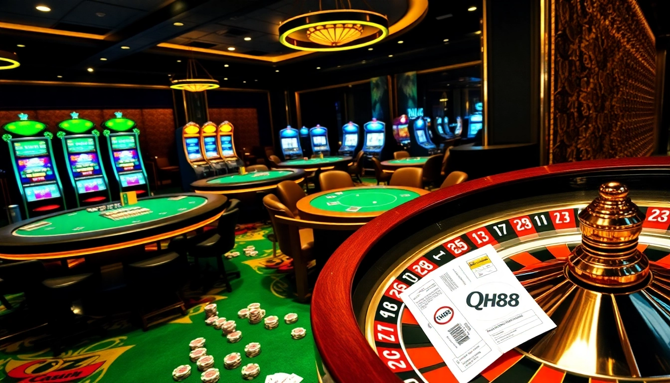 Experience thrilling gameplay at qh88's professional casino tables with vibrant chips and dealers.