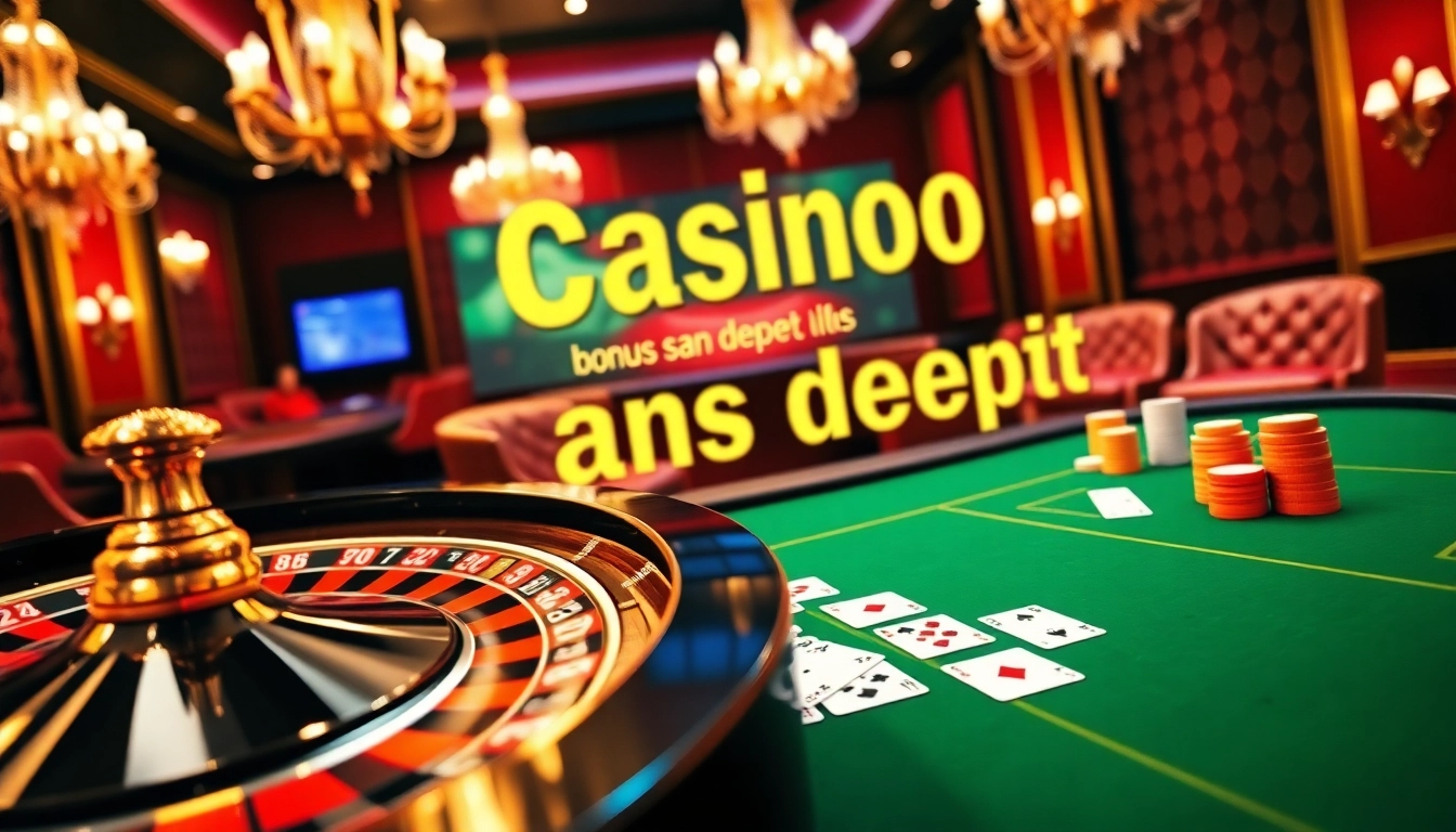 Casino avec bonus sans dépôt highlighted in an exciting gambling scene featuring roulette and poker cards.