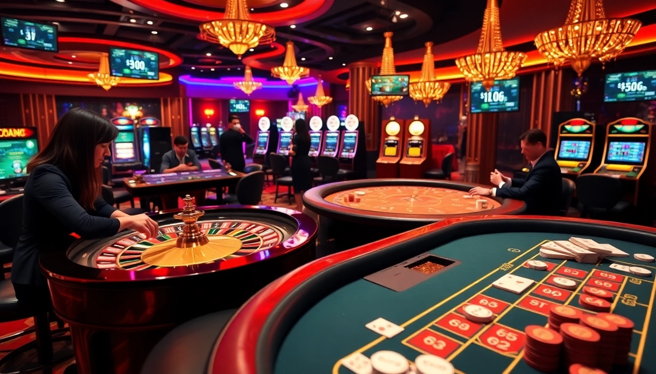 Engaging scene of casino live en ligne français with dealers and interactive games.