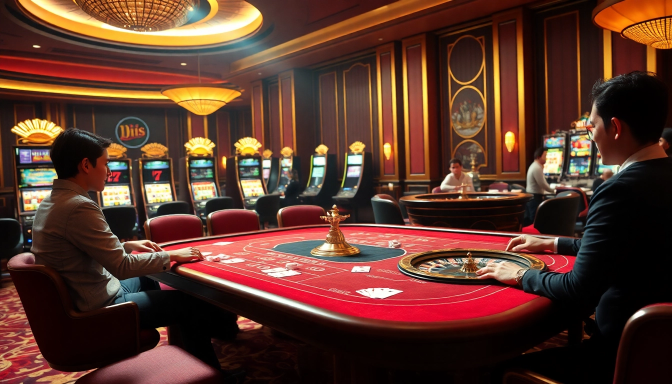 Engage in thrilling gaming experiences at https://33win.free/ with luxurious casino visuals, gaming tables, and active players.