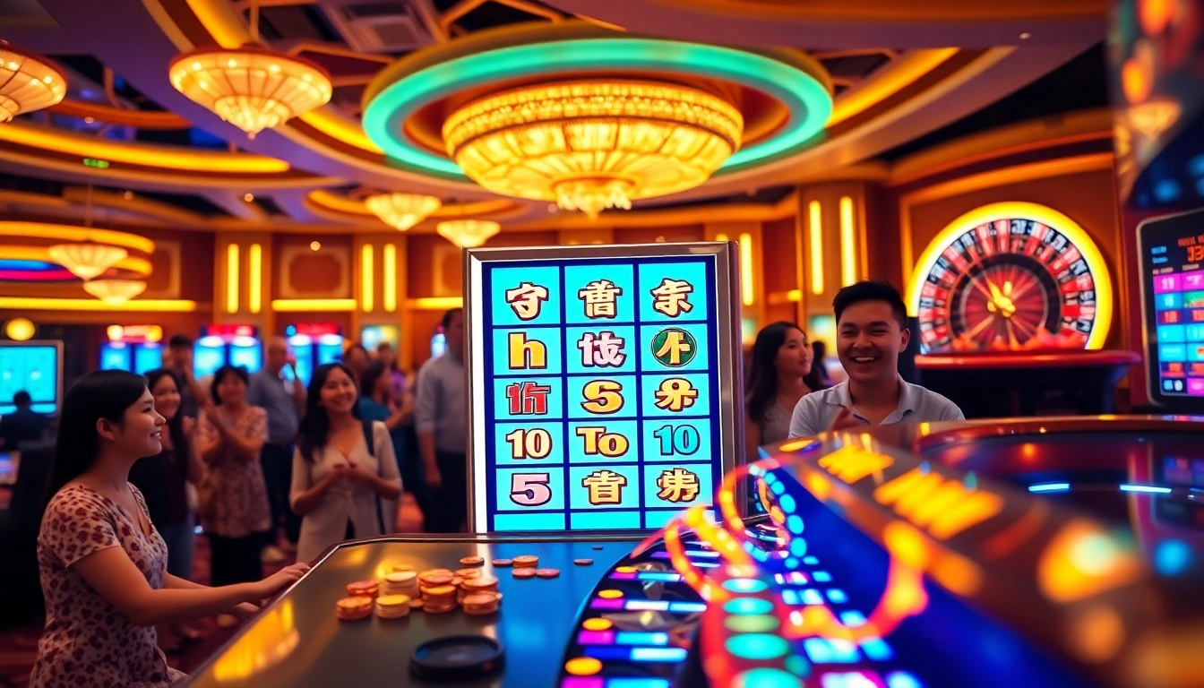 Excited players celebrating at a nổ hũ slot machine in a vibrant casino environment.
