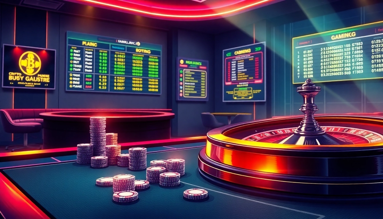 Scène captivante d'un casino crypto en ligne de luxe avec du poker, de la roulette et des visuels vibrants.