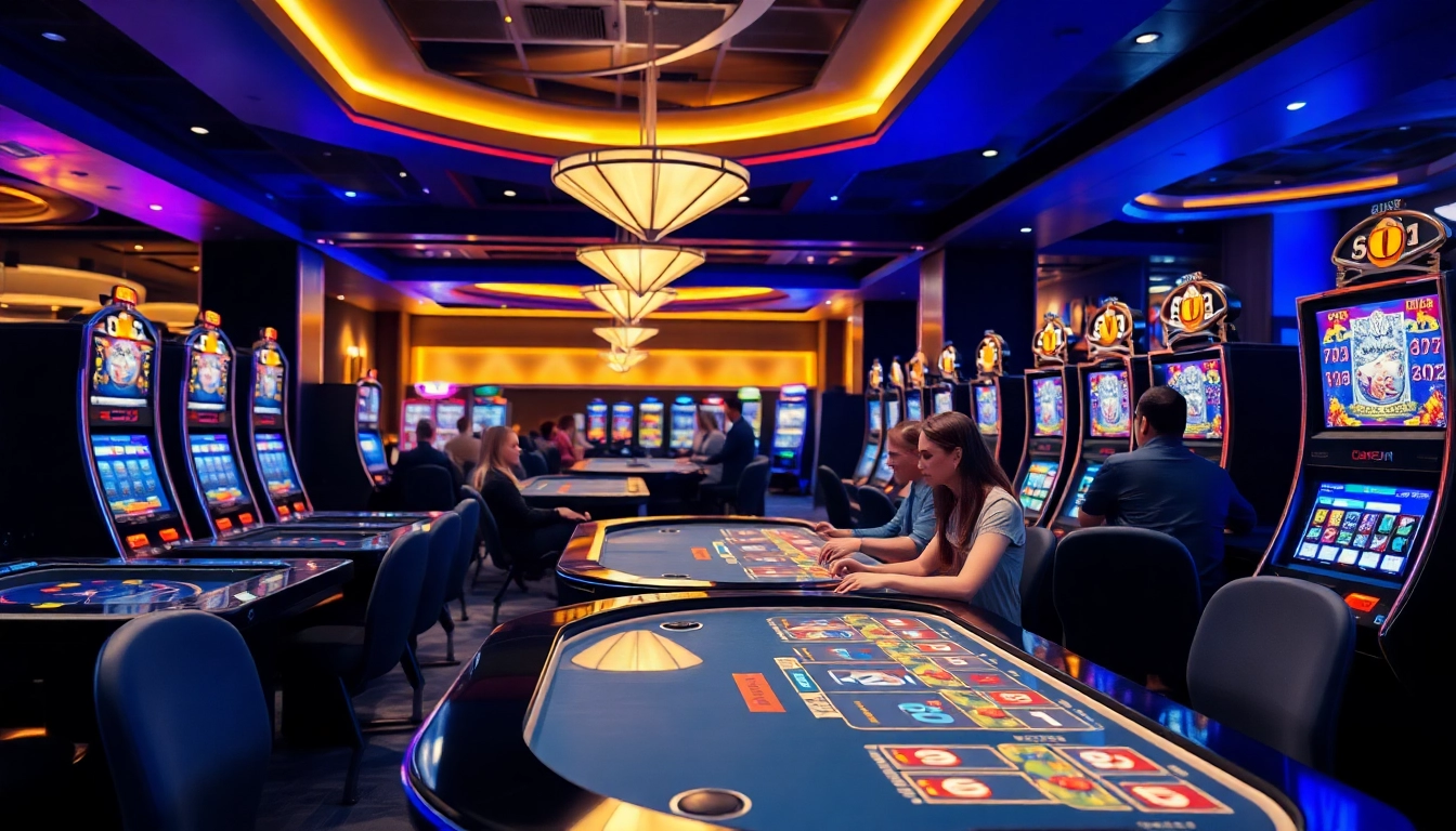 Jouez à des jeux dans un casino en ligne avec des lumières vibrantes et des machines à sous modernes.