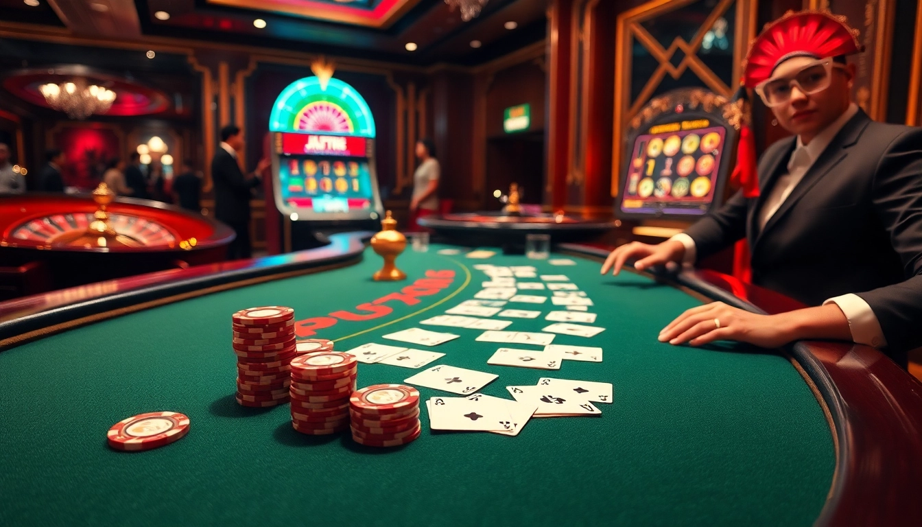 Enjoying high-stakes gambling at keonhacai5's luxurious casino with poker chips and roulette.