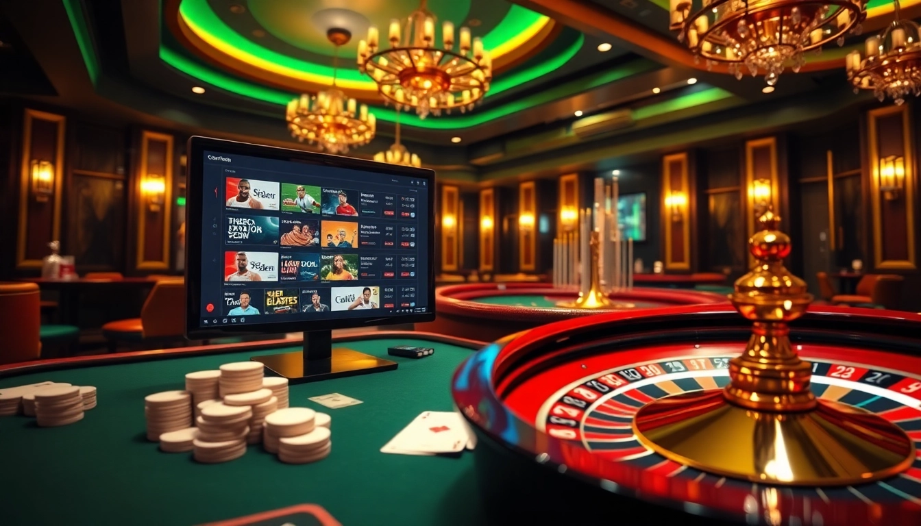 Engaging scene of a site de pari en ligne interface with vibrant casino elements promoting online betting excitement.