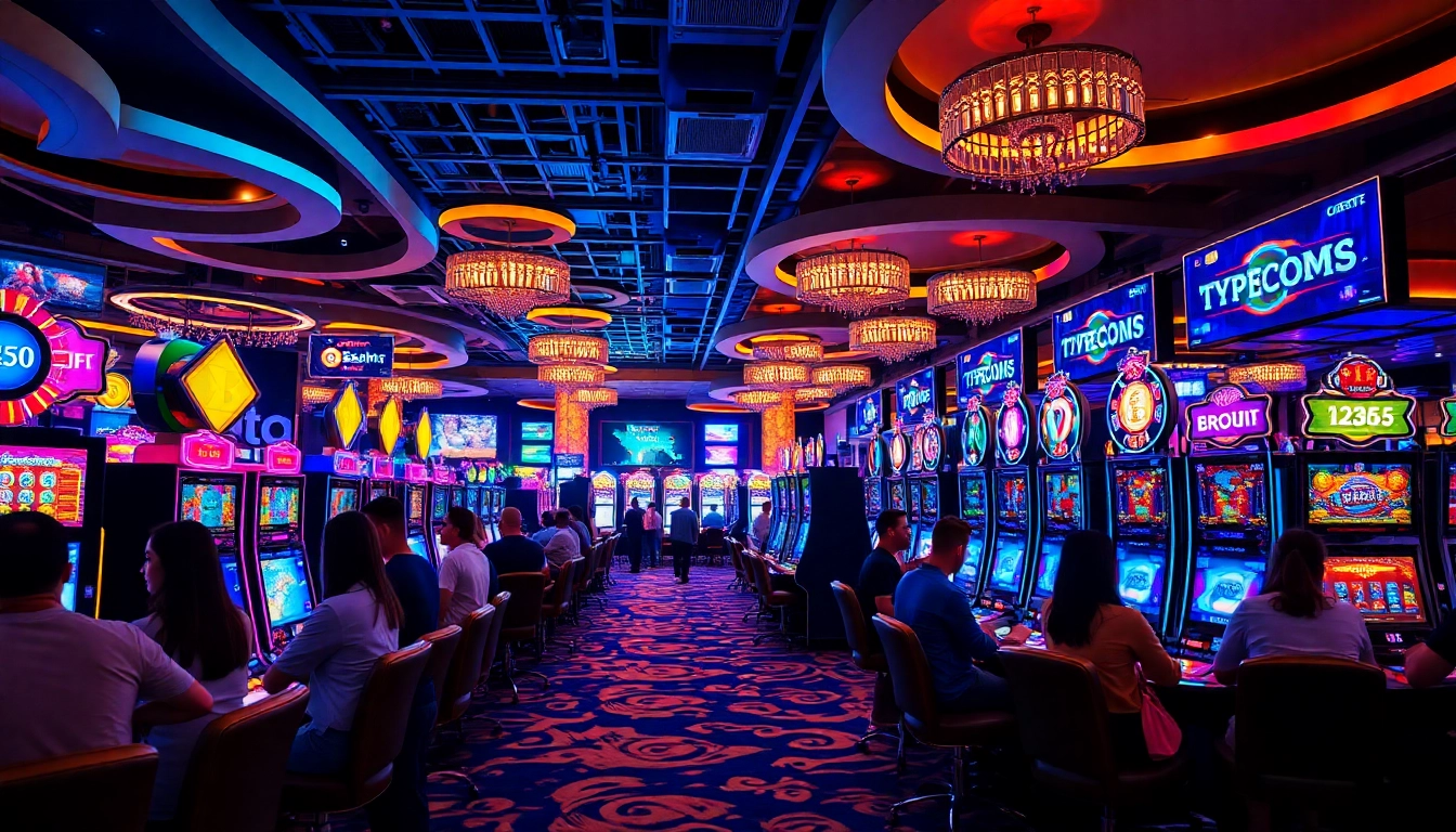 Les joueurs s'amusent dans un crypto casino vibrant avec des machines à sous et des tables animées.