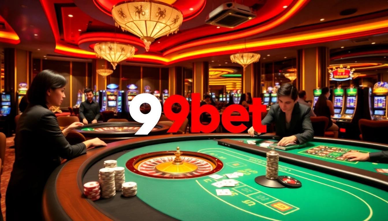 Experience the excitement of i9bet with a luxurious casino scene showcasing poker and roulette action.