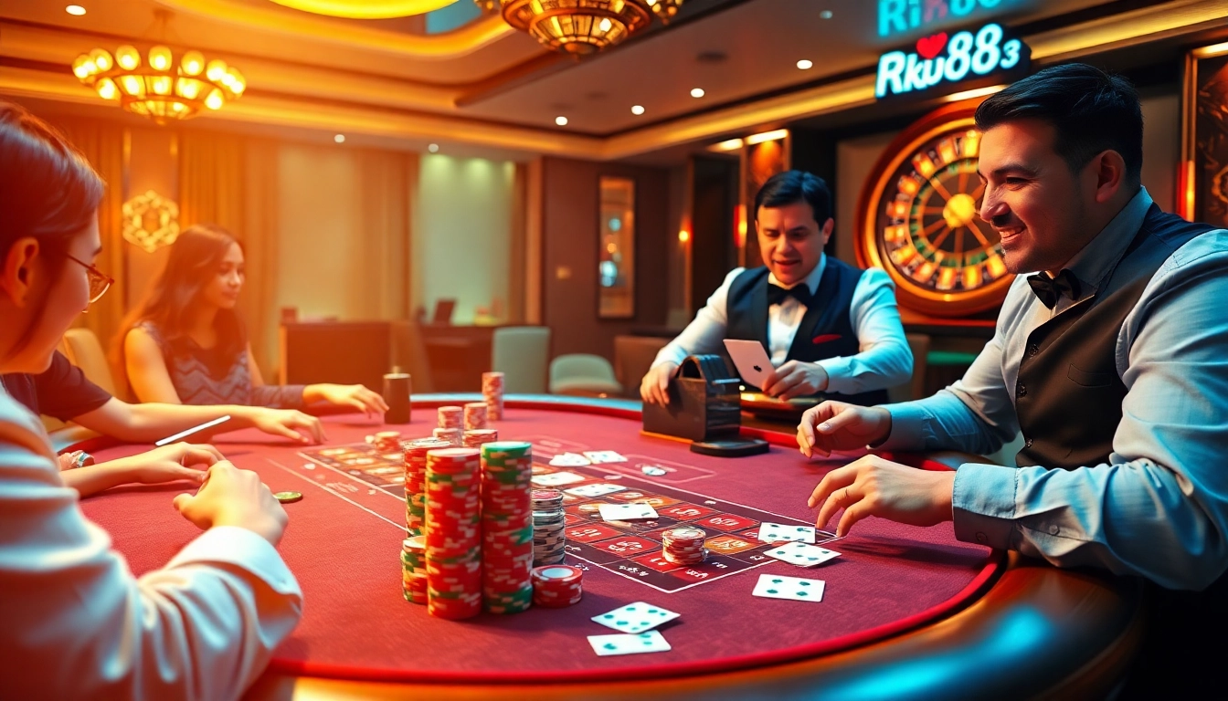 Players enjoying a thrilling game at RR88 casino with vibrant chips and cards in play.