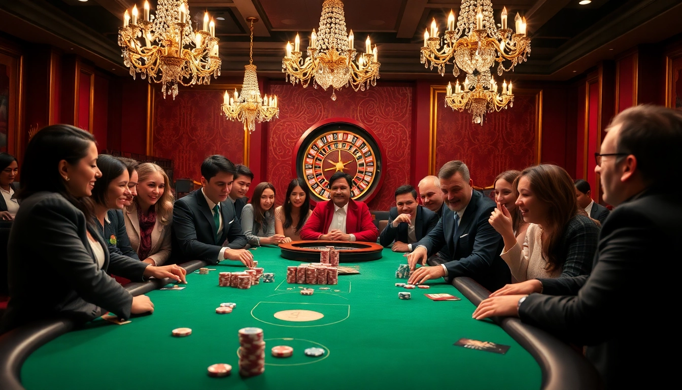 Players enjoying a poker game in a luxurious casino setting at https://lc88m.com/, highlighting excitement and strategy.