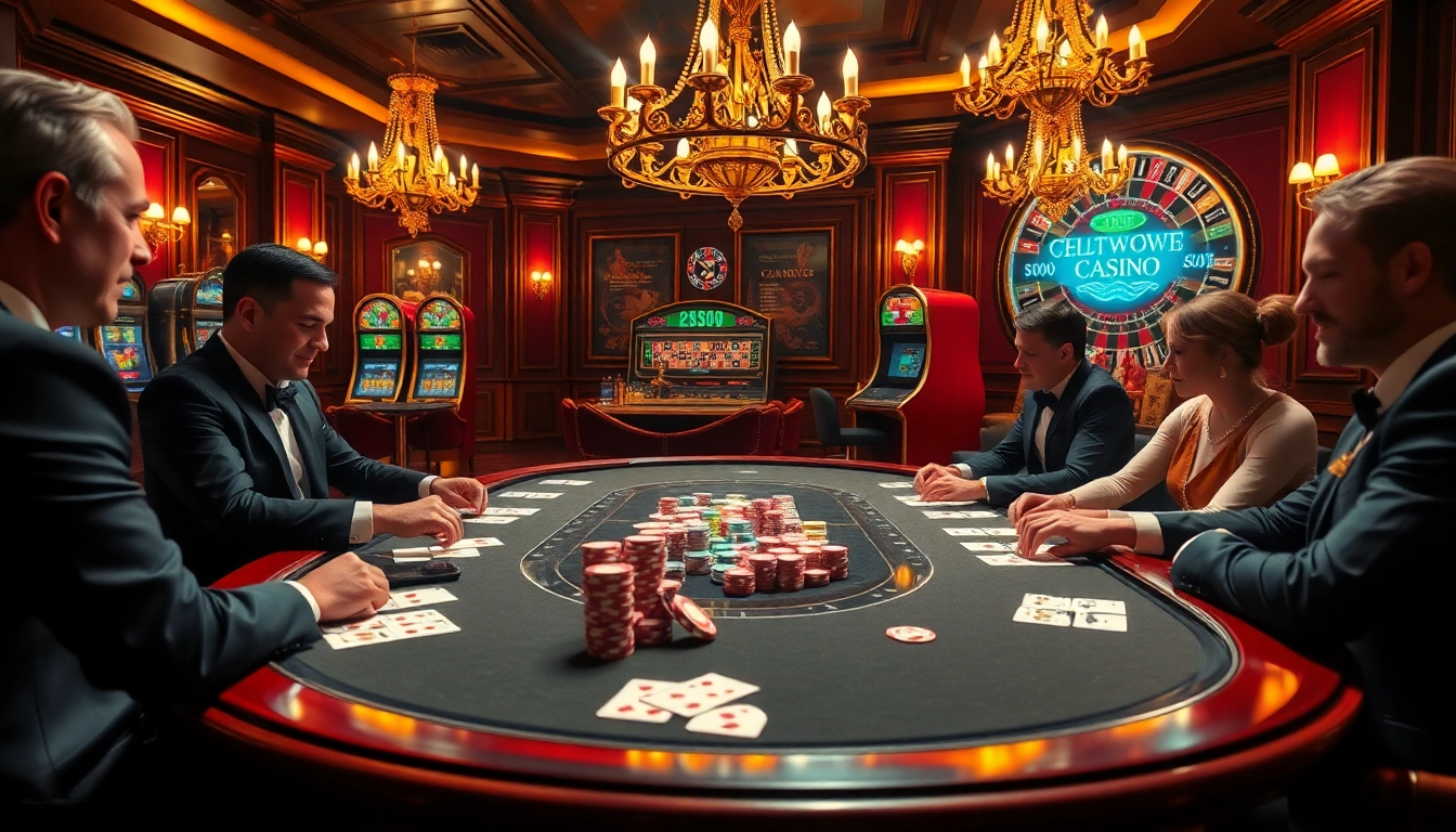 Players enjoying a high-stakes poker game at a luxurious casino inspired by https://debet66.com/ with vibrant chips and cards.