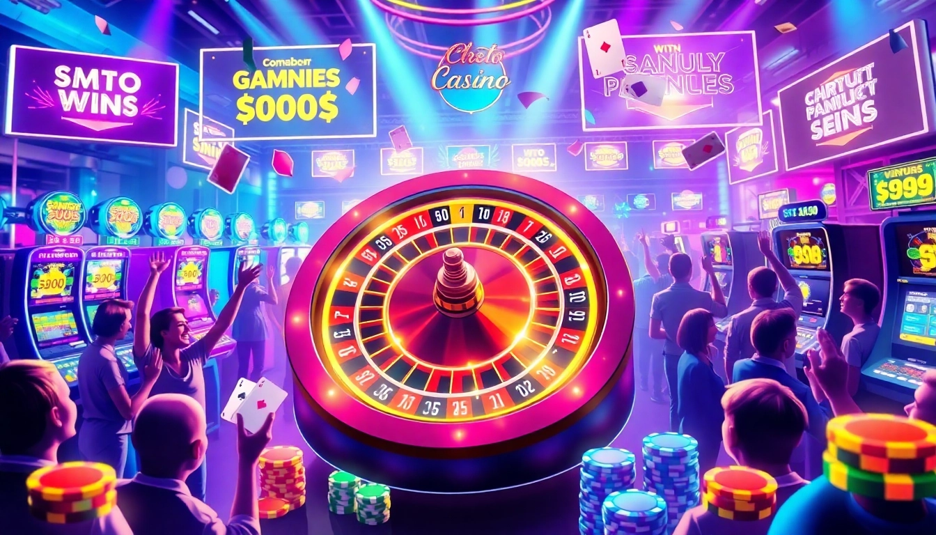 Visitez un casino crypto vibrant avec une roulette électronique et des joueurs heureux.