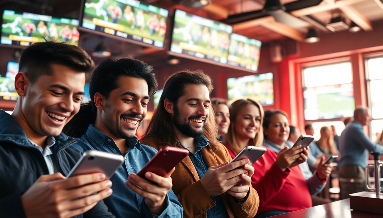 Engaging bettors actively using site de paris sportifs in a lively sports bar environment.