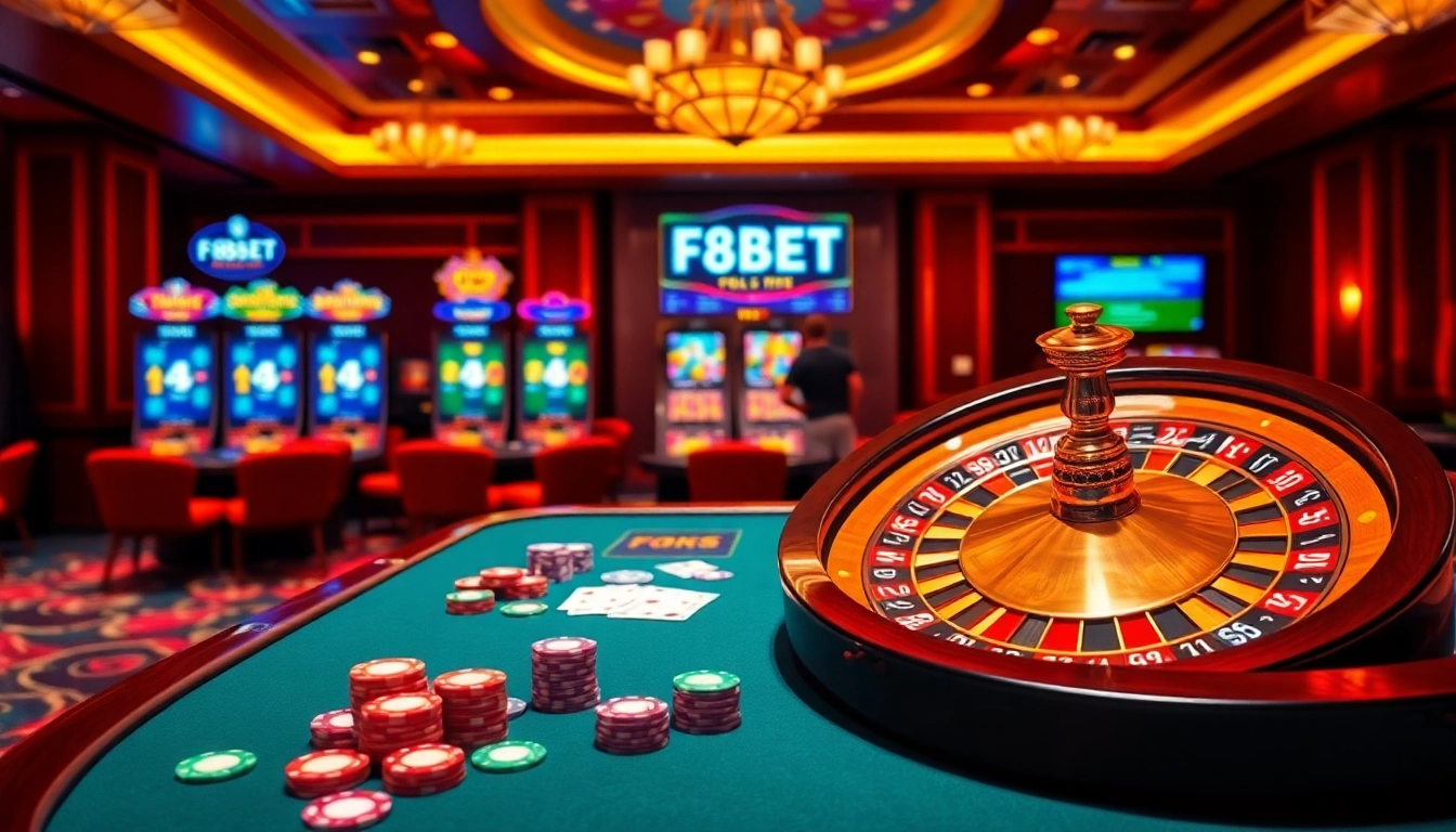 F8BET online gaming scene with vibrant poker chips, cards, and a roulette wheel.