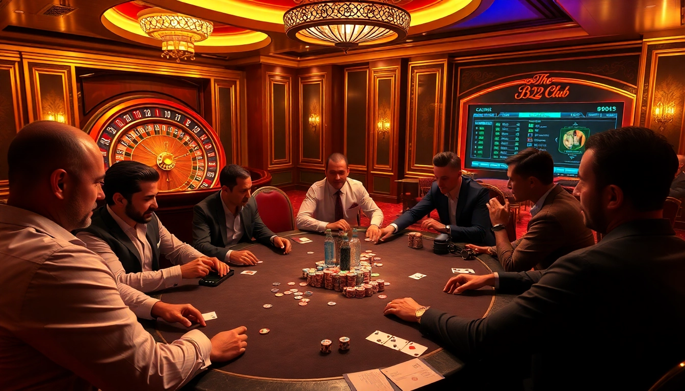 B52 Club poker players at an exciting casino table, with colorful chips and a roulette wheel in the background.