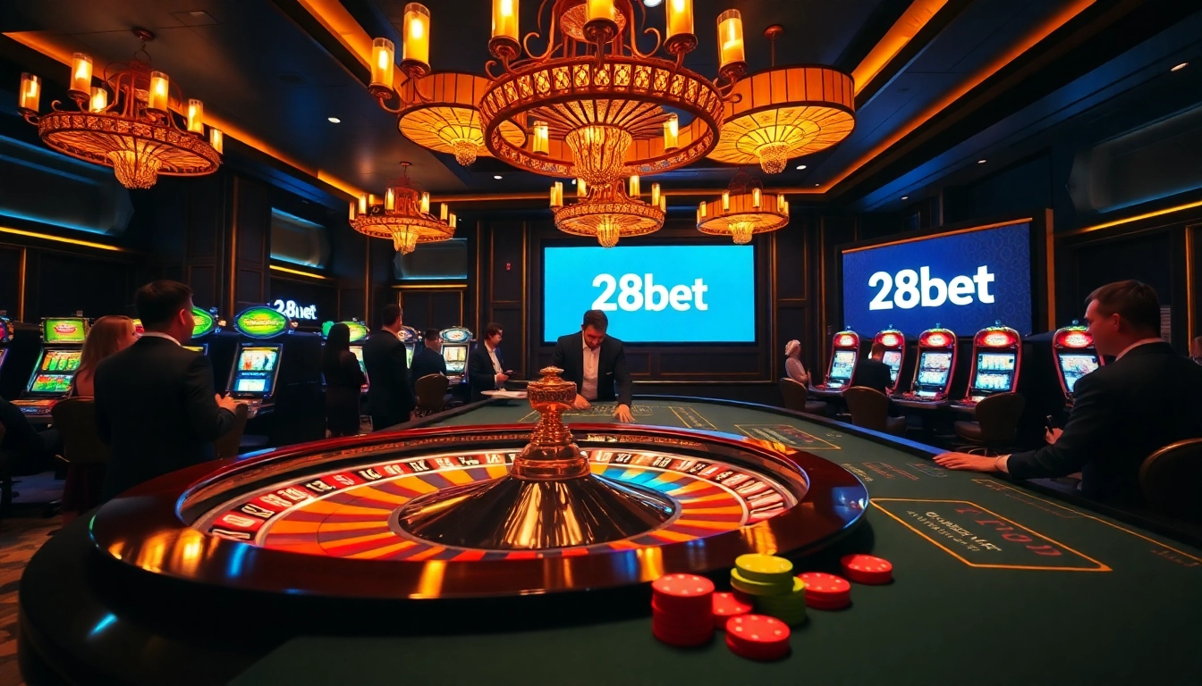 Experience the excitement of 28bet with vibrant casino tables, poker chips, and a roulette wheel.