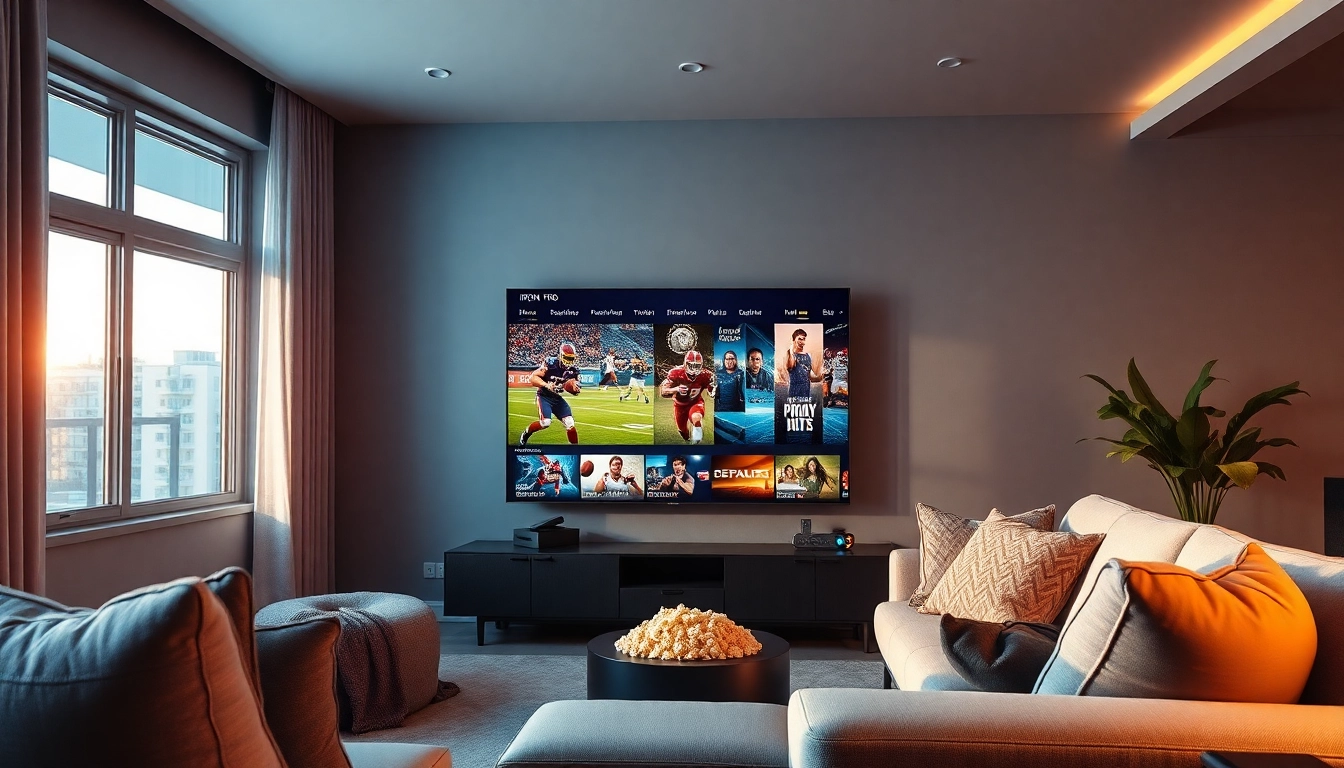 Stunning living room showcasing Iron TV Pro IPTV streaming sports and movies in high definition.