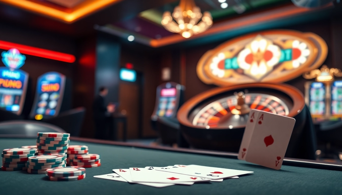 Challenging opponents in Game đánh bài đổi thưởng at a lively poker table with vibrant casino elements.