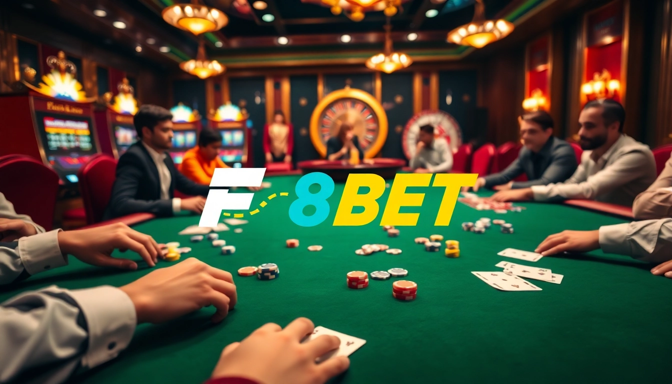 Exciting gambling action at an F8BET casino table with players and vibrant slot machines.