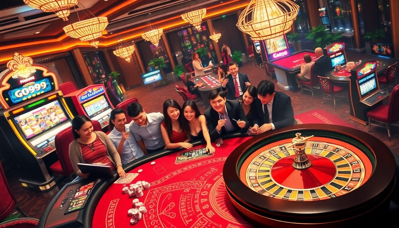 Players enjoying an impressive casino ambiance at Go99, featuring vibrant gaming tables and slot machines.