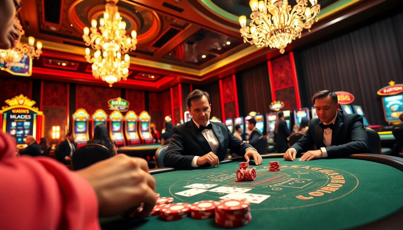 Exciting poker action at https://nhacaiuytinvl.com/, showcasing professional players and luxury casino elements.