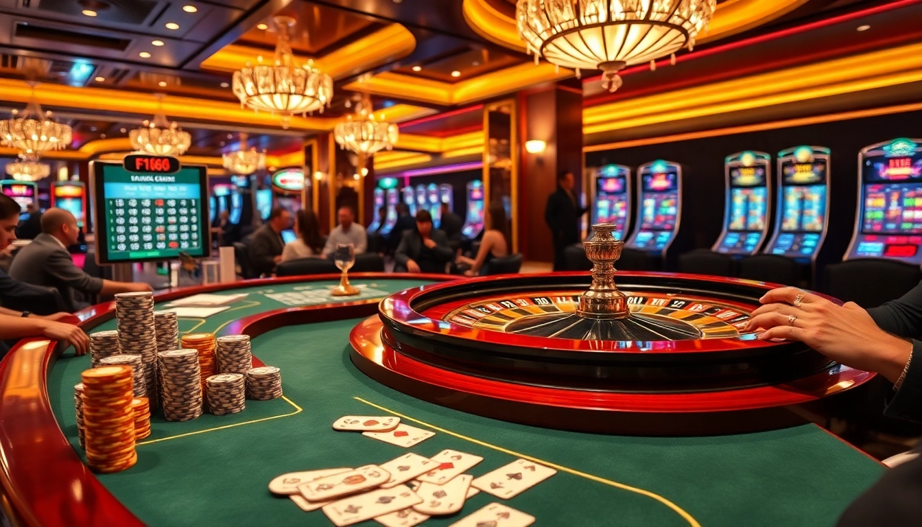 Players betting strategically at a luxurious casino scene linked to https://f1682.email/ with roulette and poker elements.