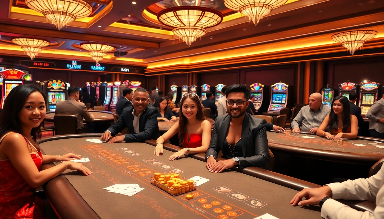 Winning players celebrate at 789P casino, surrounded by vibrant slot machines and poker tables.