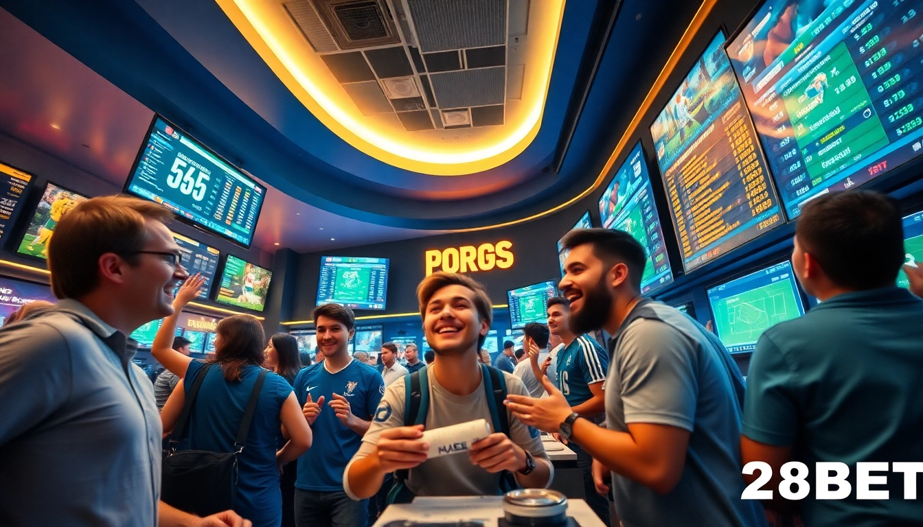 Exciting sportsbook environment showcasing 28BET, with bettors engaging and live odds displayed.