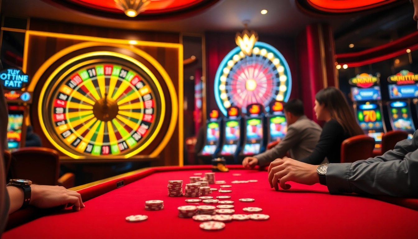 Players enjoying a thrilling poker game at 78Win's luxurious casino setting, featuring vibrant tables and slot machines.