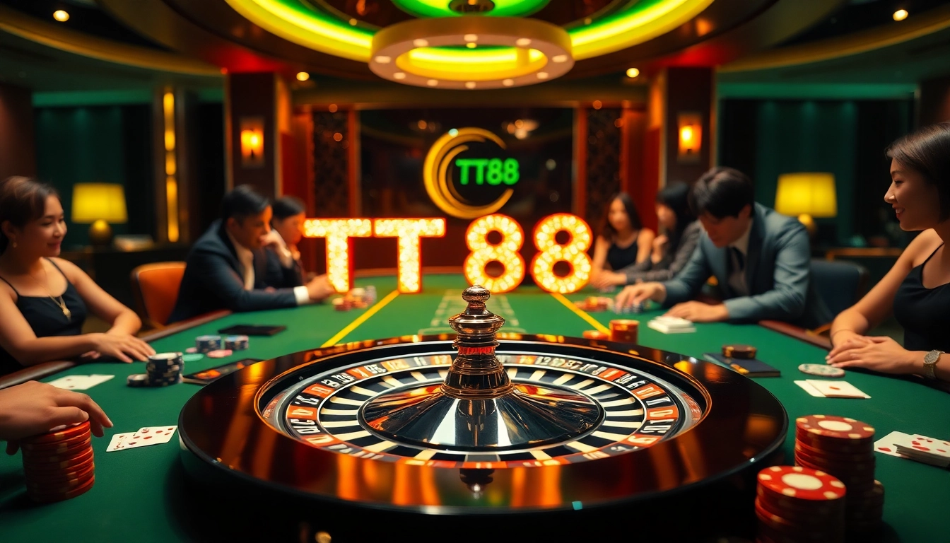 TT88 logo shines at a luxurious casino gaming table, showcasing excitement and professional gameplay.