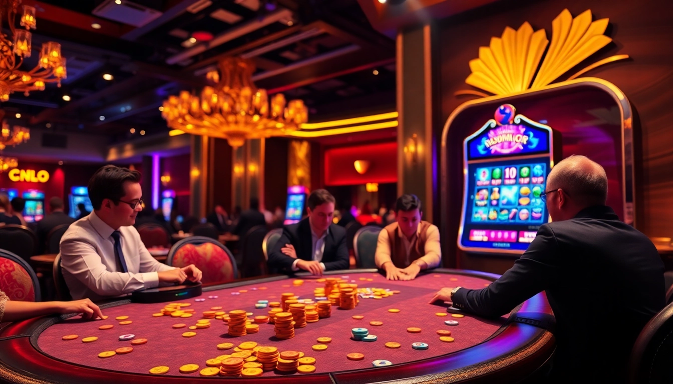 Players at MMOO engage in high-stakes poker while vibrant slot machines light up the casino.