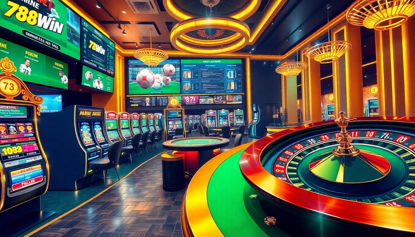 Experience the excitement of 78Win with an immersive casino scene featuring tables, slots, and vibrant betting atmosphere.